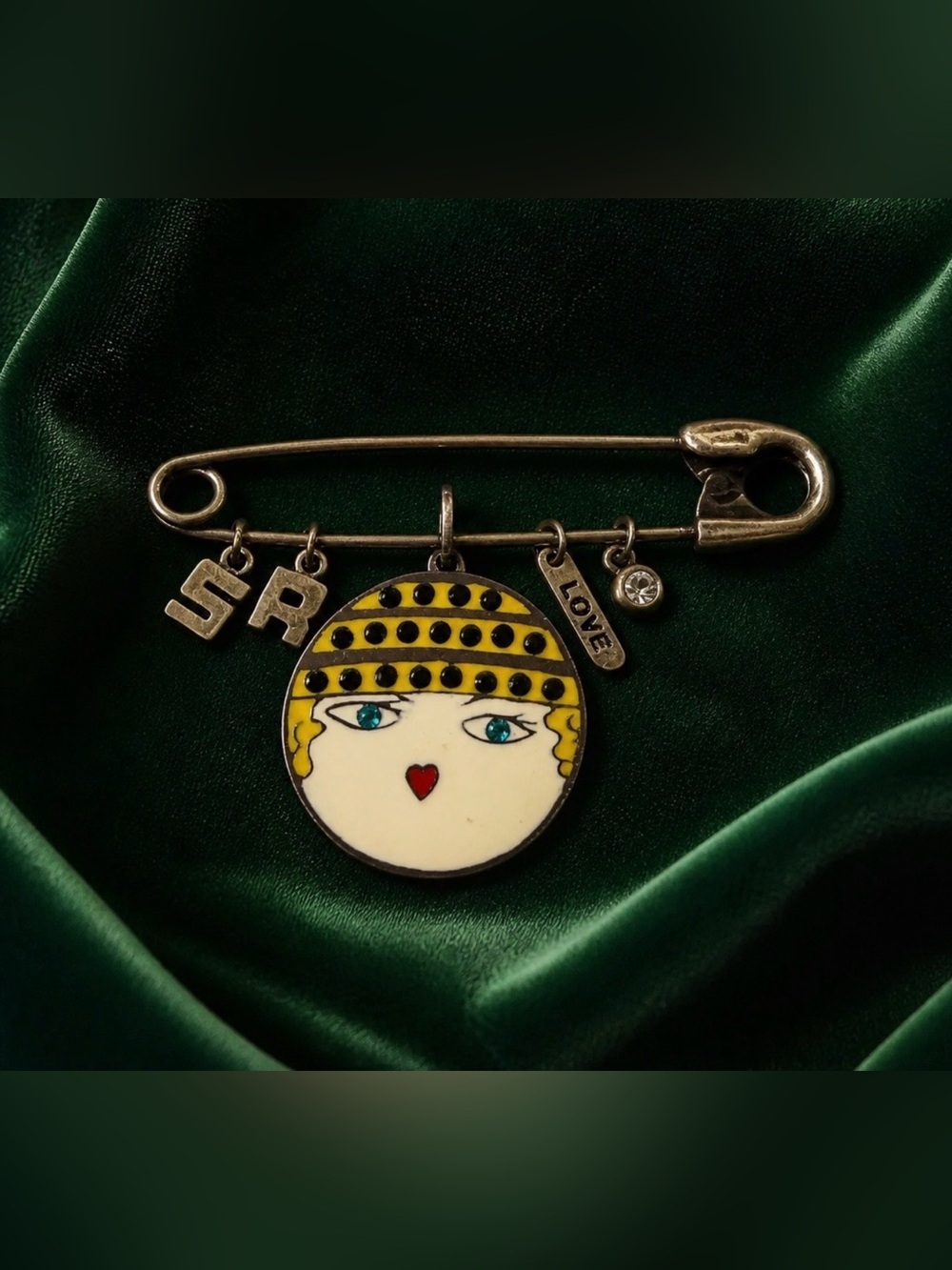 Sonia Rykiel Vintage Y2K Enamel Face Safety Pin Brooch SR Love Charm